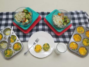 Omelet Muffins on a plate & in muffin tins and Vegetable with Sausage in bowls