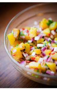 Fresh peach salsa in a glass bowl