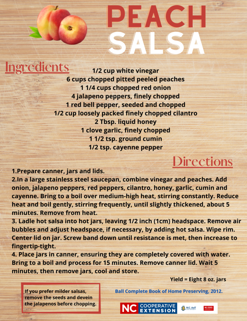 Recipe for Peach Salsa, cutting board background, picture of a few peaches at top