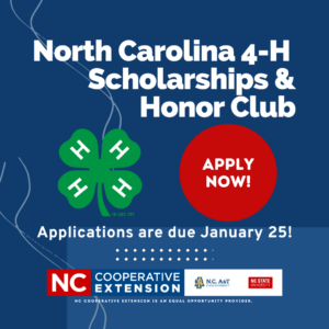 Image is a promotion for the NC 4-H scholarship and Honor Club application.