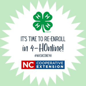 Image of four leaf clover with white h's representing 4-H plus red and navy Cooperative Extension logo in a white starburst promoting 4-H Online enrollment.