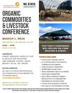 Flyer with information about the organic commodities & livestock conference for 2024, picturing cattle and farm equipment.